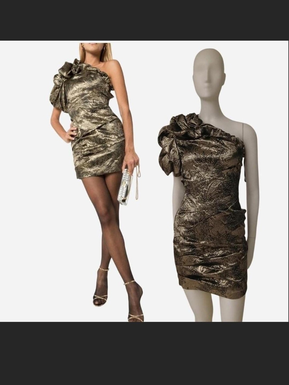 Faith Connexion One-Shoulder Metallic Bronze Floral Jacquard Mini Dress